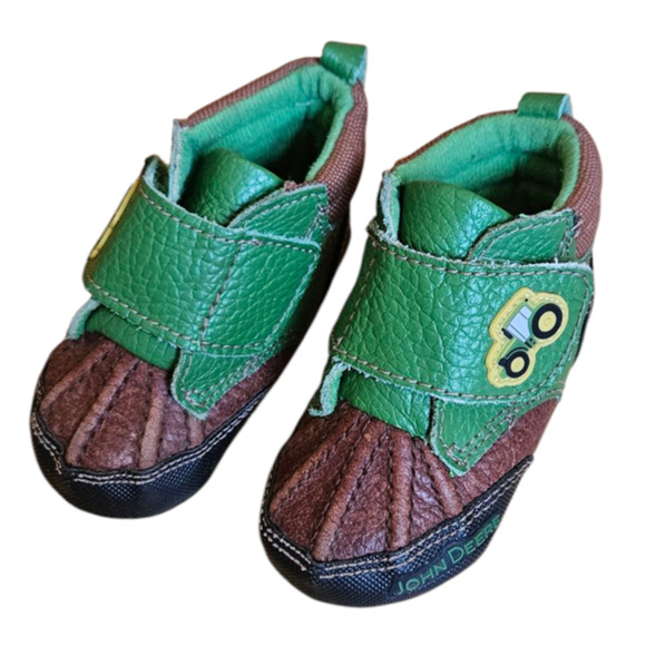 John Deere Upper Leather Green Brown Baby Booties Size 3 - Picture 1 of 9